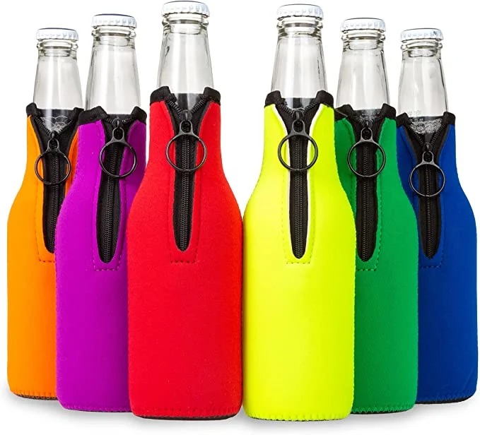 Beer Bottle Cooler Sleeves with Ring Zipper Collapsible Neoprene Insulators for 12oz 330ml Bottles Party Drink Coolies